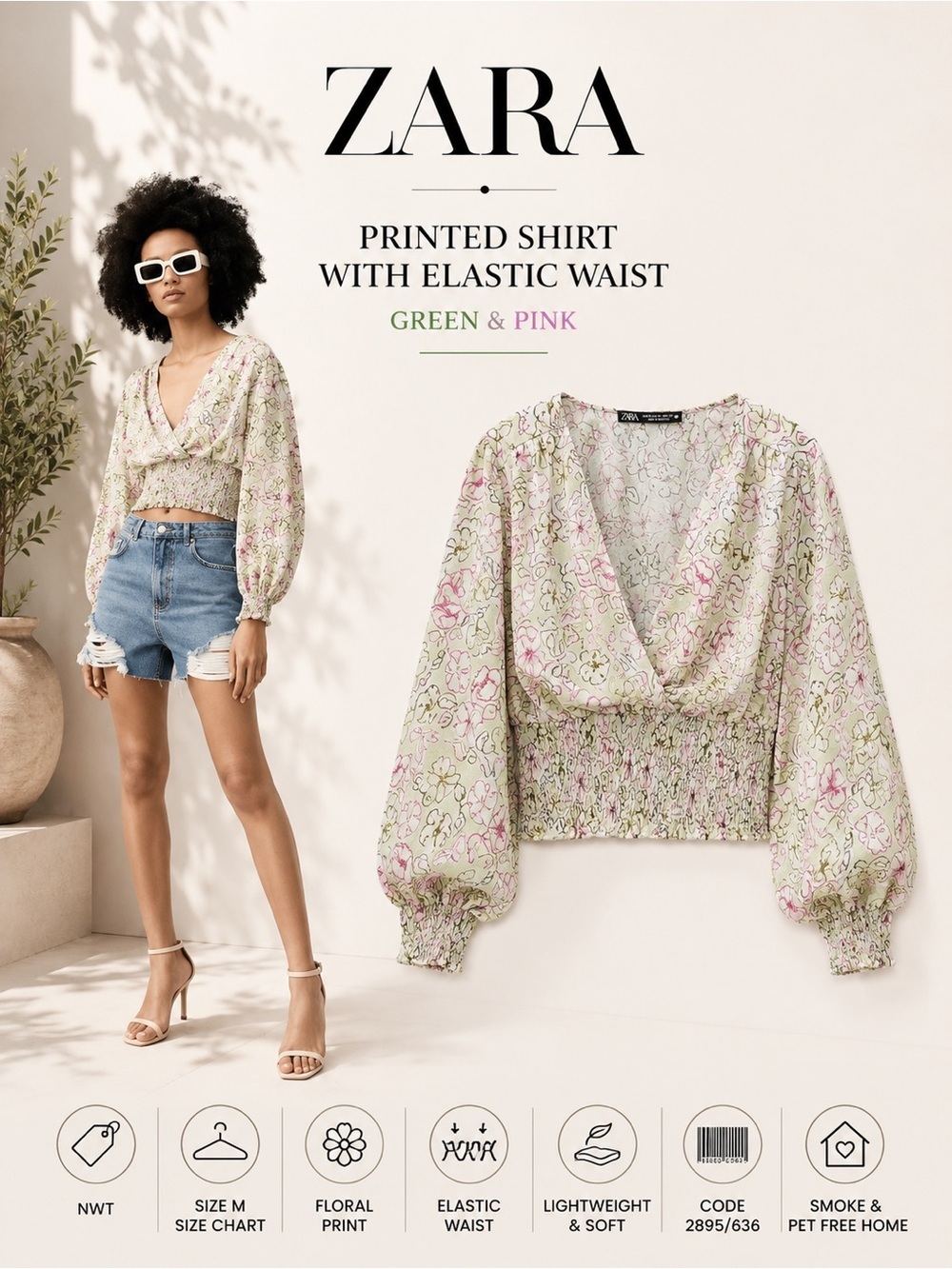 Zara Green Pink Floral Smocked Crop Blouse Size M NWT Balloon Sleeve Romantic To